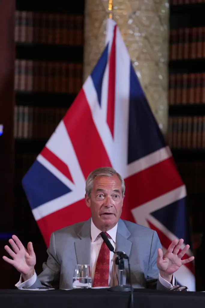 Nigel Farage, leader of Britain's Reform UK party, speaks during a news conference.