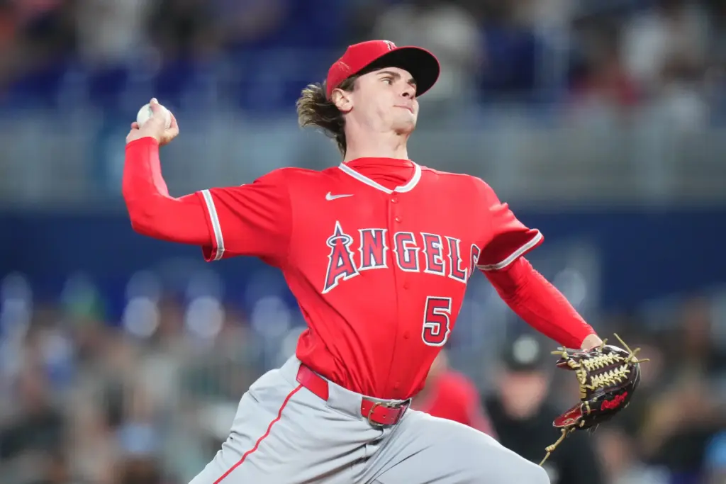 Angels starting pitcher George Klassen throws to the plate during...