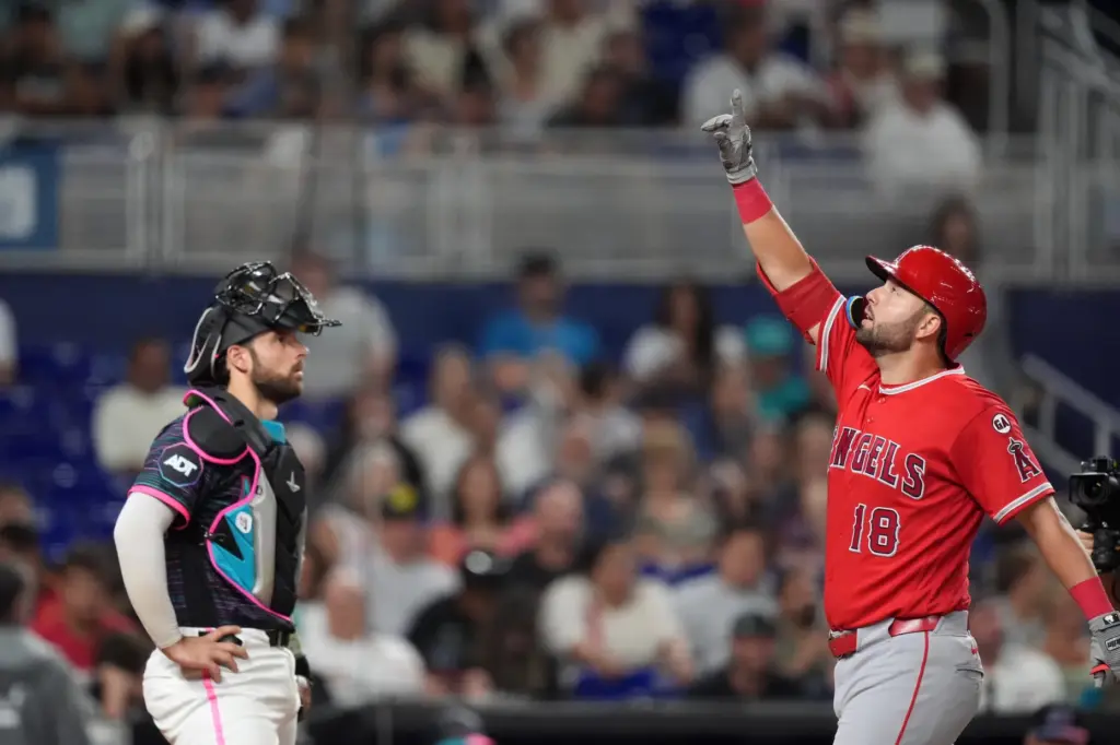The Angels’ Nolan Schanuel celebrates with Miami Marlins catcher Joe...