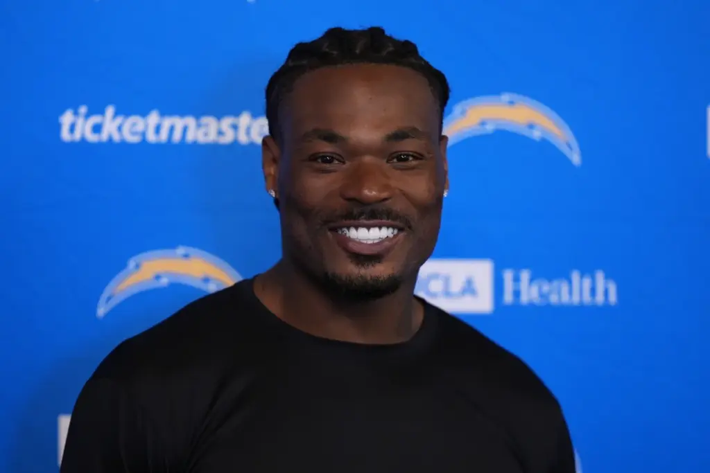 Chargers safety Derwin James Jr. smiles as he speaks at...