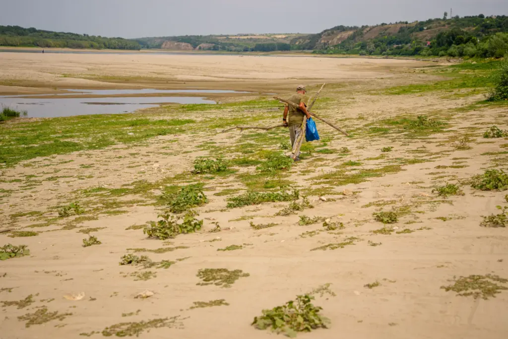 A man carries wood along an area that is usually...