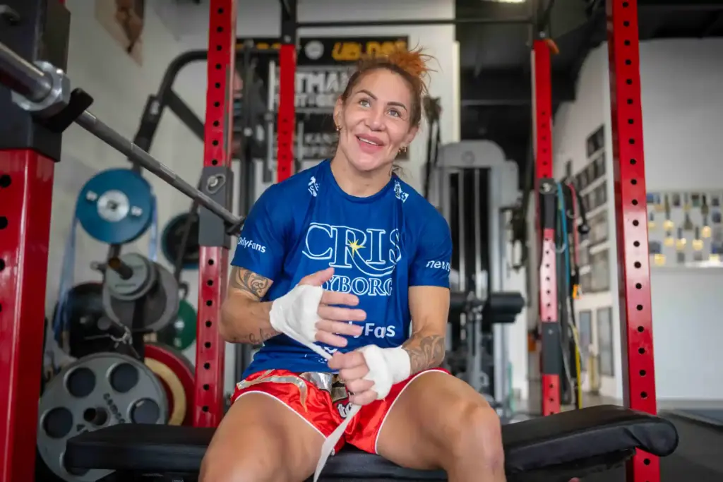 PFL featherweight champion Cris Cyborg wraps her hands before working...