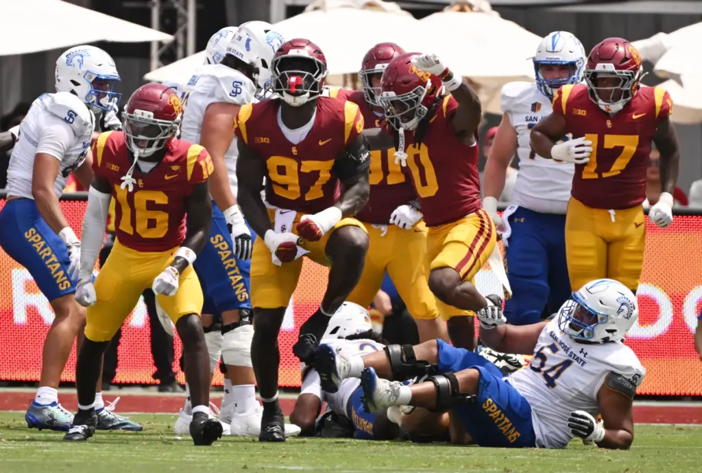 Defensive tackle Jide Abasiri (97) of the USC Trojans reacts...