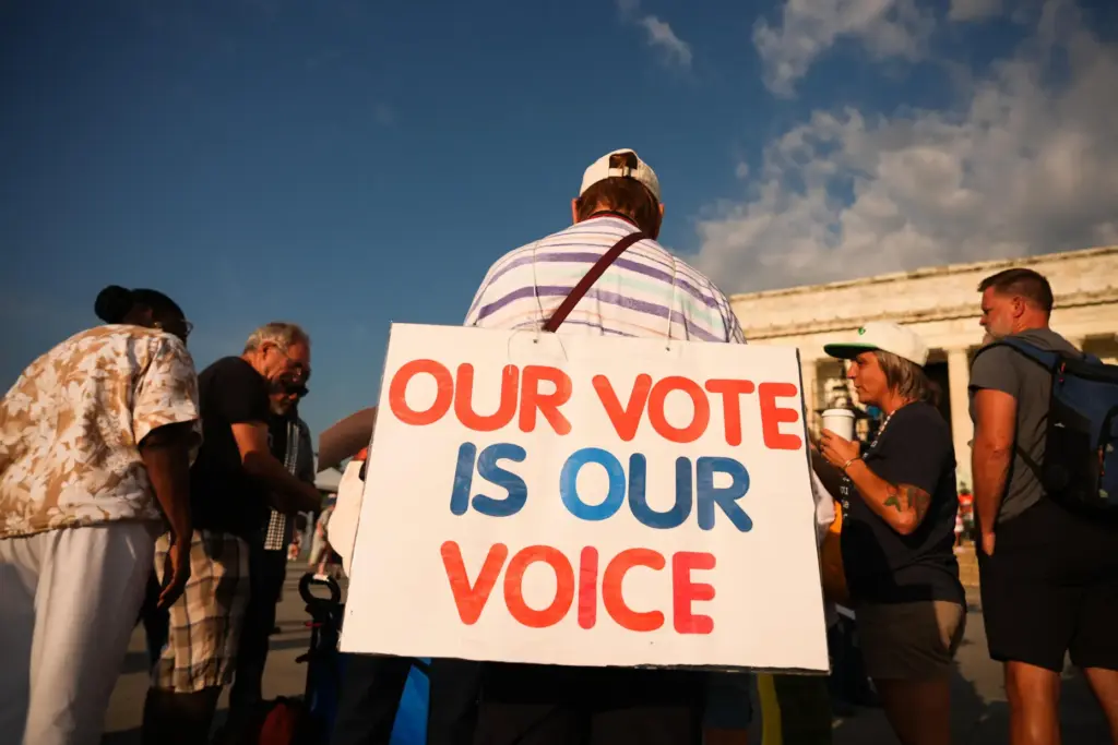 Demonstrators gather near the Lincoln Memorial before the March on Washington.