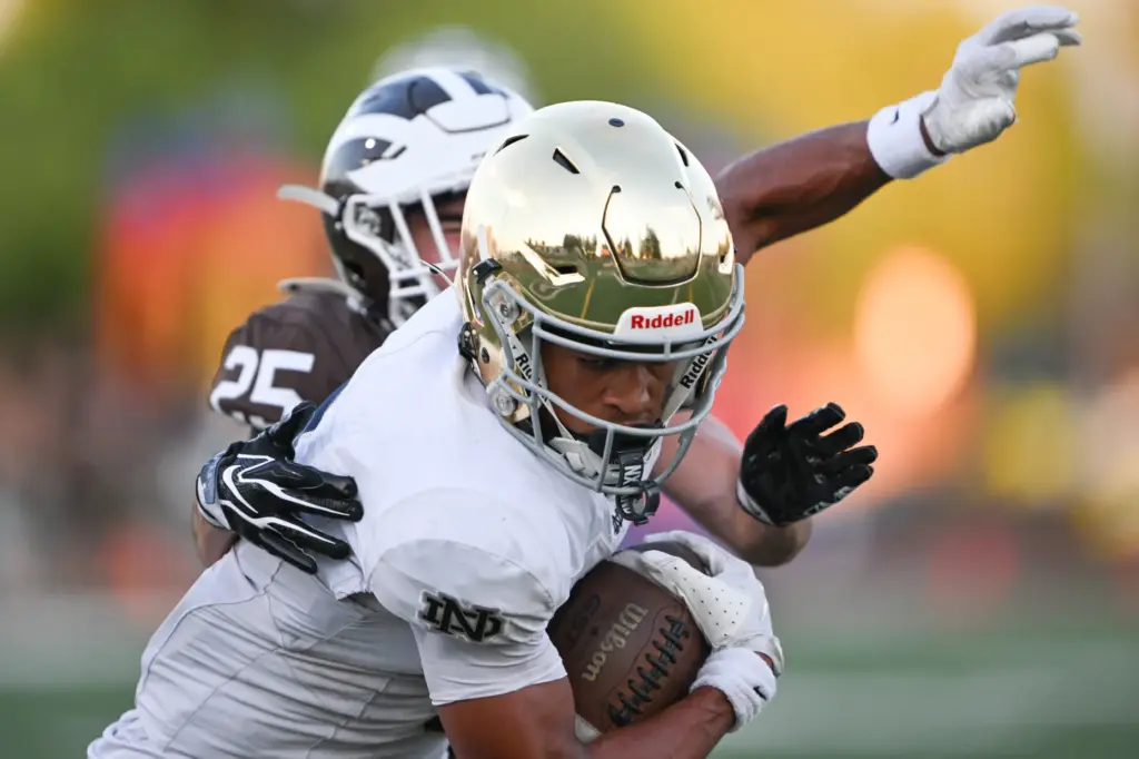 Notre Dame’s Emmanuel Pullins (3) pulled in this pas for...