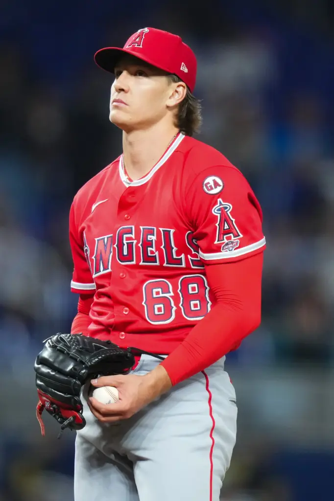 Angels relief pitcher Blake Weiman looks on during his MLB...