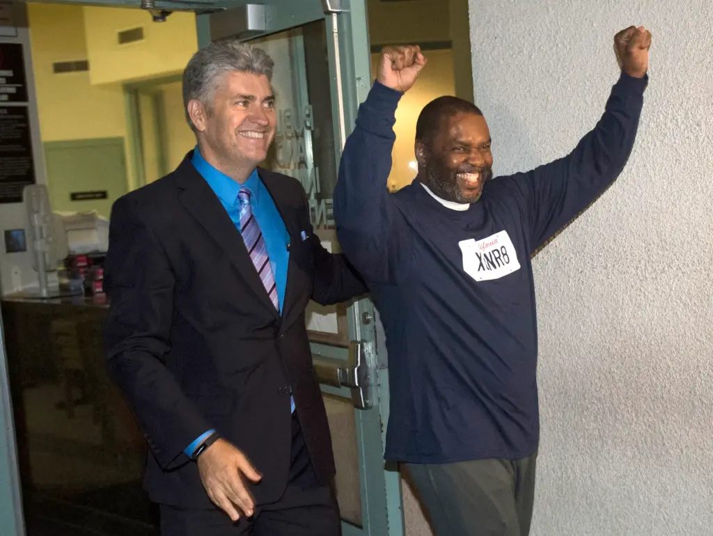 Guy Miles celebrates as he walks out of the Theo...