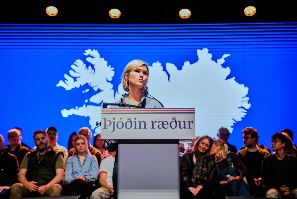 Icelandic Prime Minister Kristrun Frostadottir speaks at a public event...