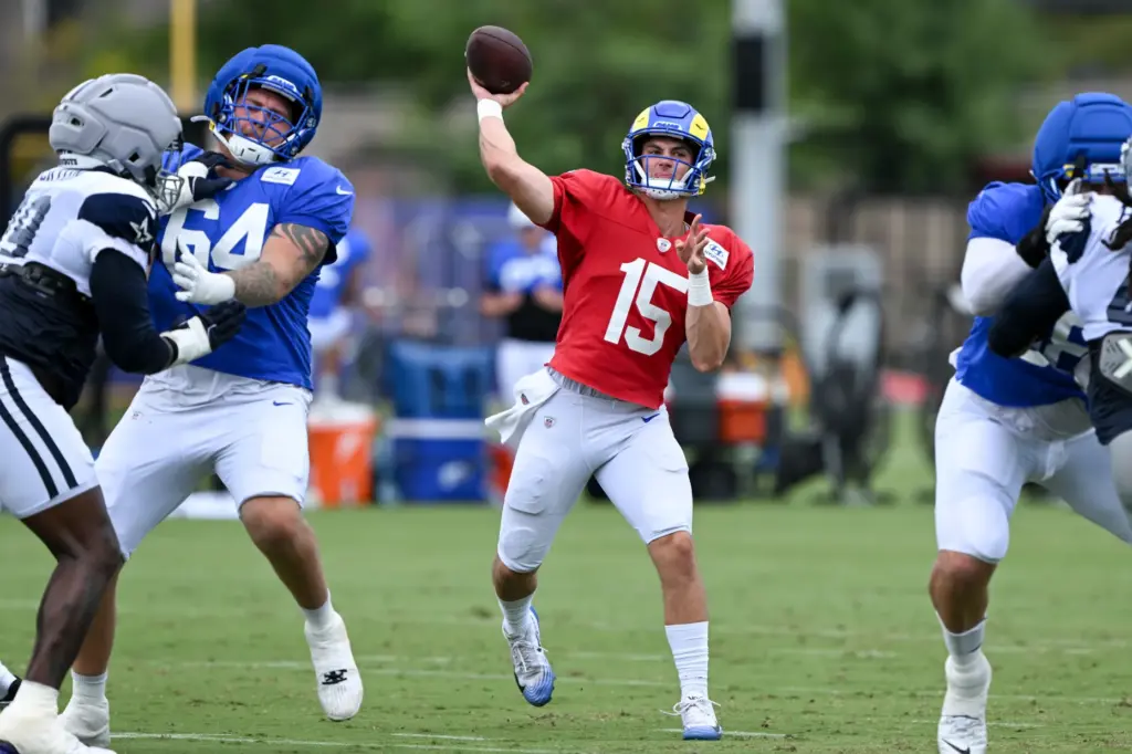 Rams rookie quarterback Ty Simpson throws a pass during the...