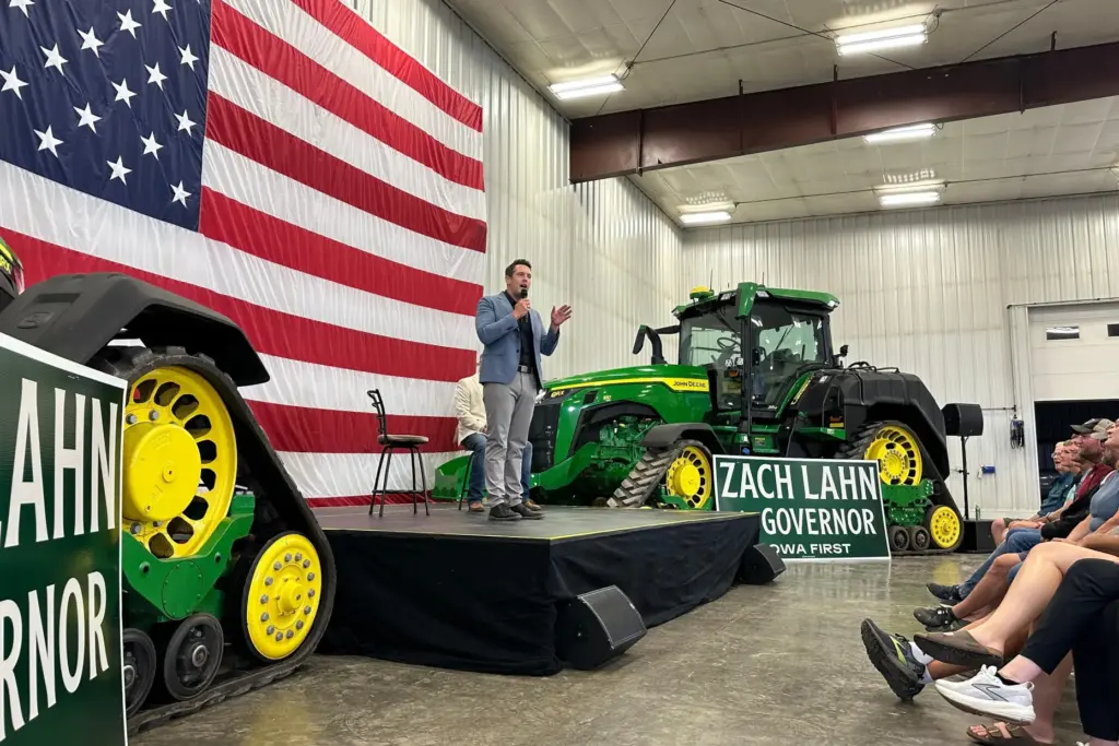 Zach Lahn, the Republican nominee for Iowa governor, talks to voters about agriculture.