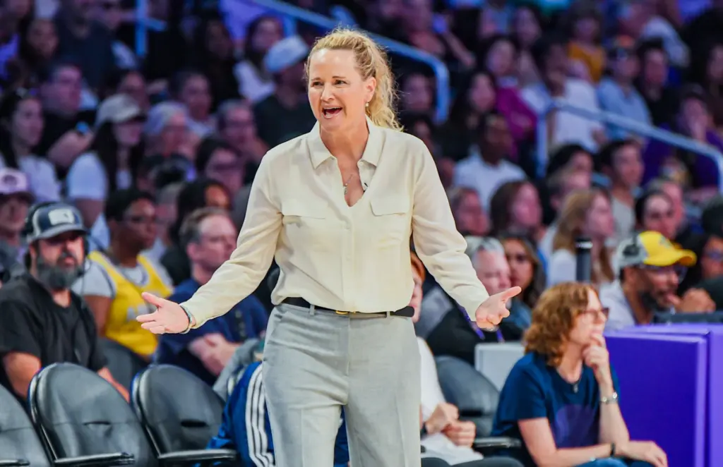 Los Angeles Sparks coach Lynne Roberts expresses her exasperation during...