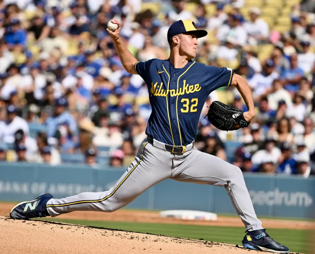 Starting pitcher Jacob Misiorowski of the Milwaukee Brewers throws to...