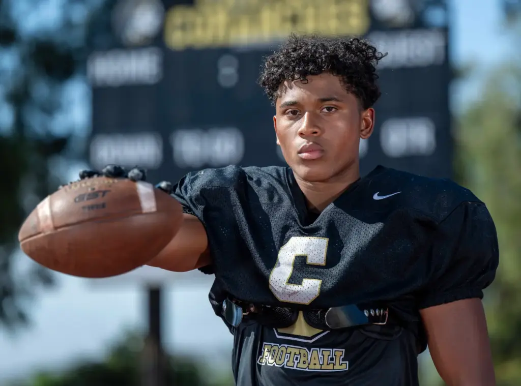 Noah Greene, Canyon High School defensive end, in Anaheim on...
