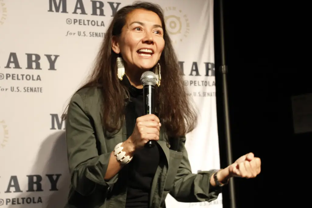 Mary Peltola, a Democrat running for the U.S. Senate seat in Alaska, addresses supporters.