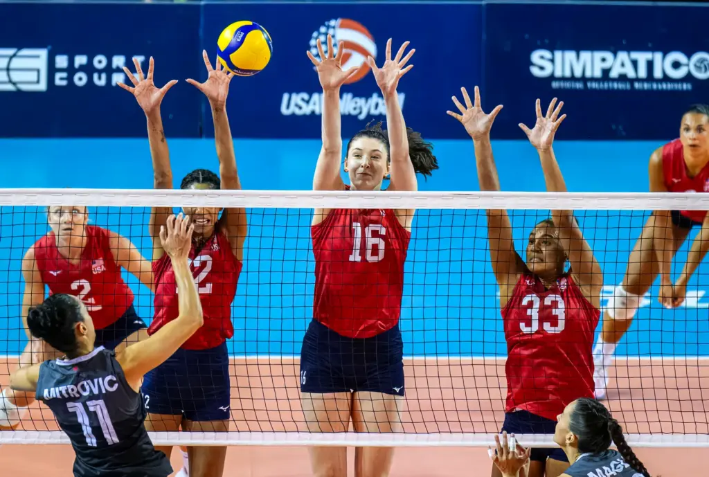 Team USA’s Dana Rettke (16), Logan Eggleston (33), and Jordan...