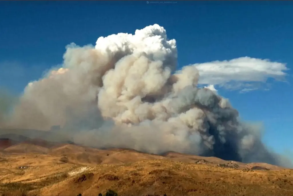 This image taken from video shows plumes of smoke rising...