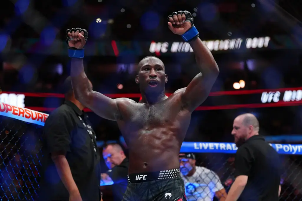 Tresean Gore reacts after a middleweight fight against Vicente Luque...