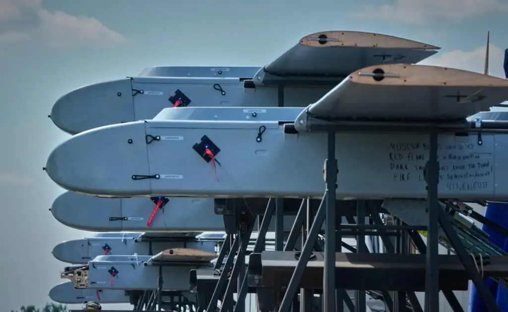 Ukrainian FP-1 long-range attack drones are seen moments before launch...