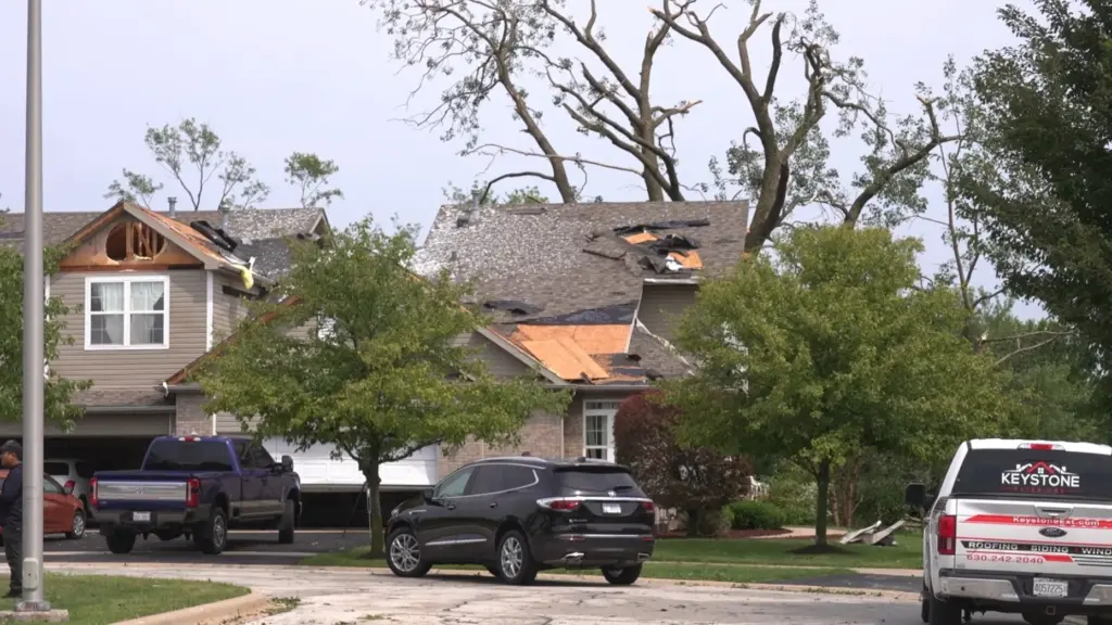 A roof is damaged after a strong storm in Tinley Park, Illinois.