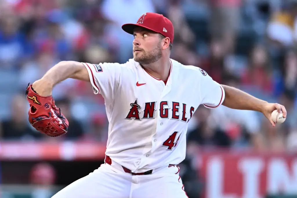 Angels pitcher Reid Detmers delivers during the first inning of...