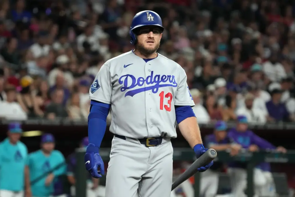 The Dodgers’ Max Muncy looks to his dugout while batting...