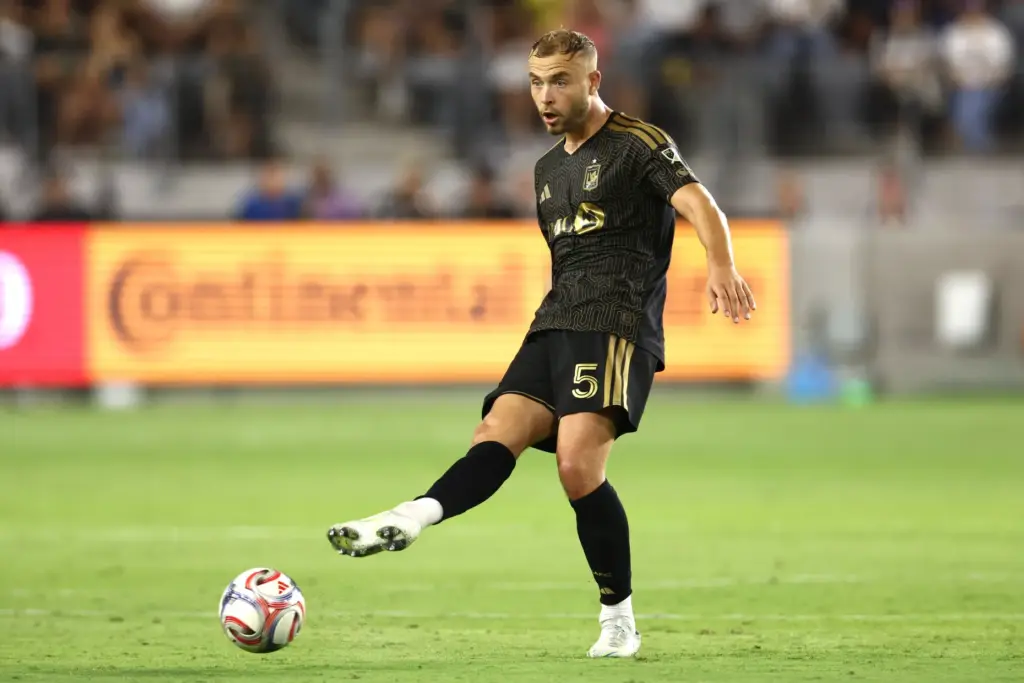 LAFC defender Ryan Porteous kicks the ball against the Portland...