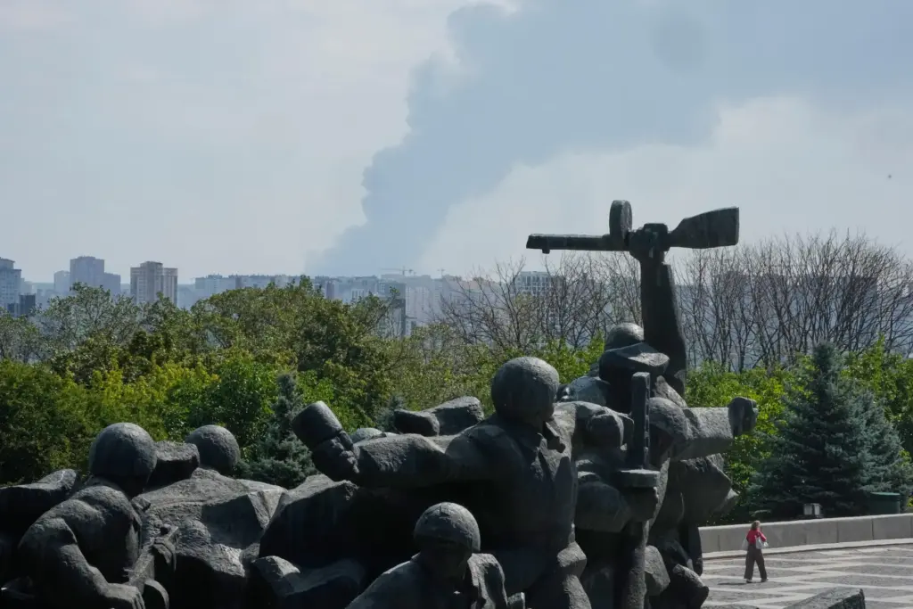 Smoke rises over the city center after a Russian attack on Kyiv, Ukraine.