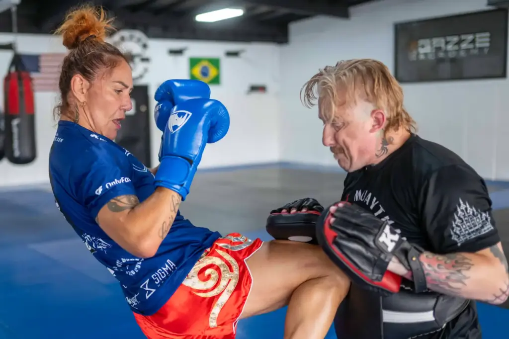 PFL featherweight champion Cris Cyborg works with Thai Boxing coach...