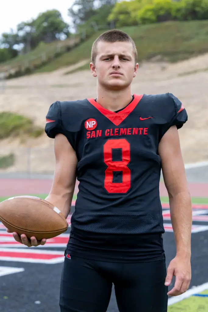 San Clemente tight end Jett Wright (8) poses for a...