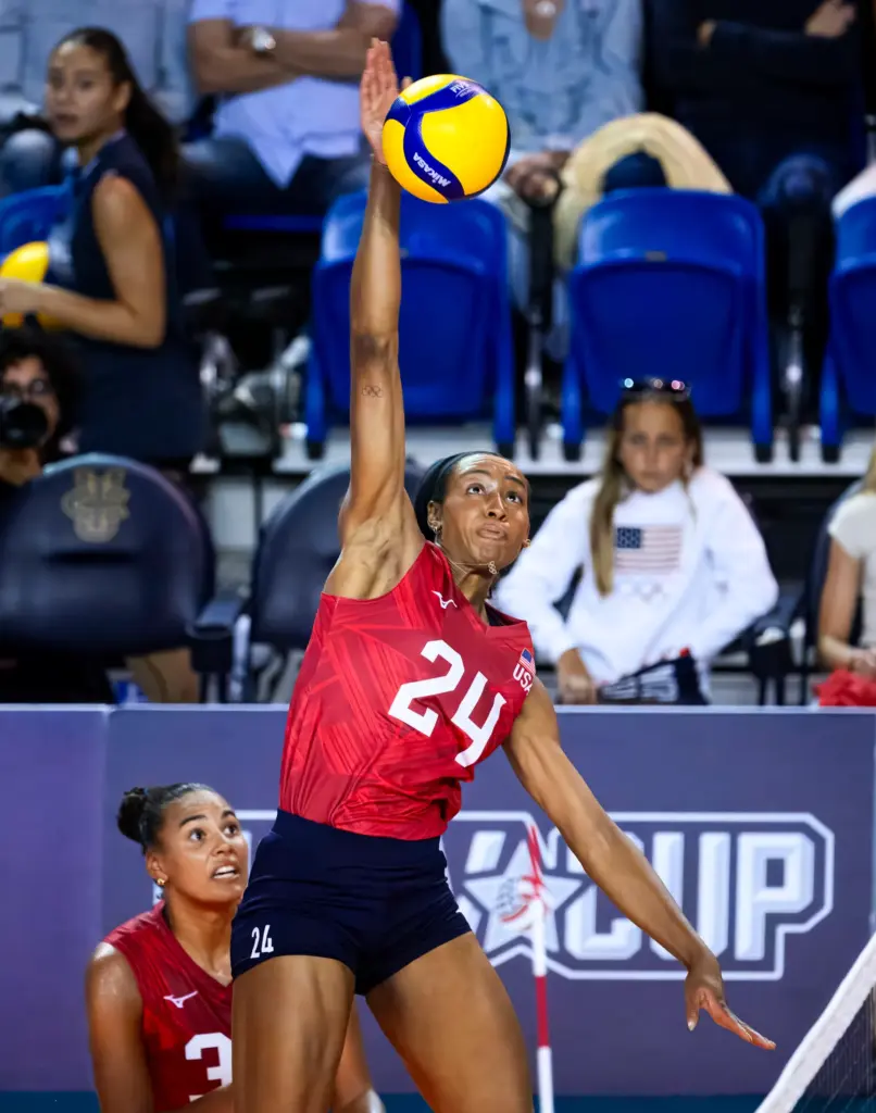 Team USAâs Chiaka Ogbogu spikes the ball during a womenâs...