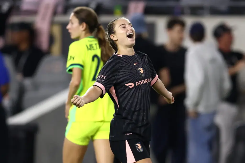 Angel City FC midfielder Ally Sentnor celebrates after scoring the...