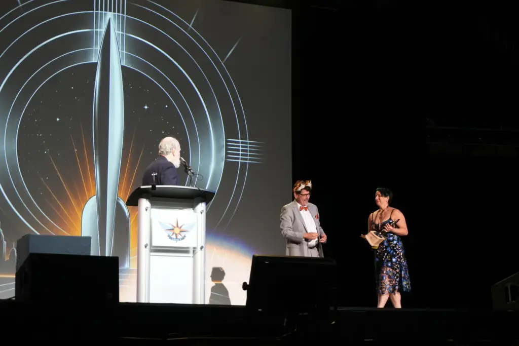 Canadian poet and writer Amal El-Mohtar accepts the Hugo Award...