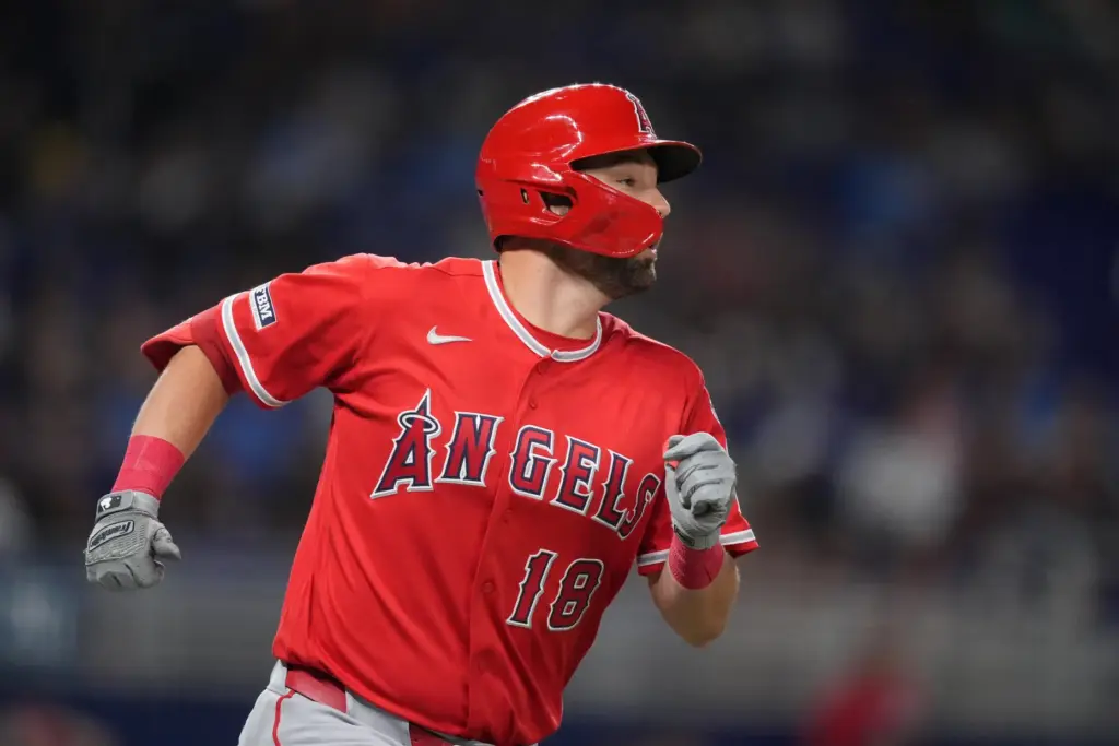 The Angels’ Nolan Schanuel runs the bases after hitting a...