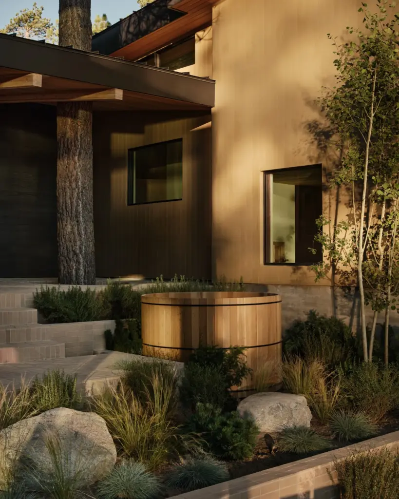 A cedar soaking tub adds to the outdoor amenities of...