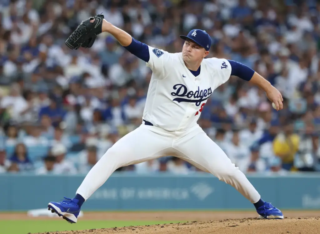Dodgers starting pitcher Tarik Skubal throws to the plate during...