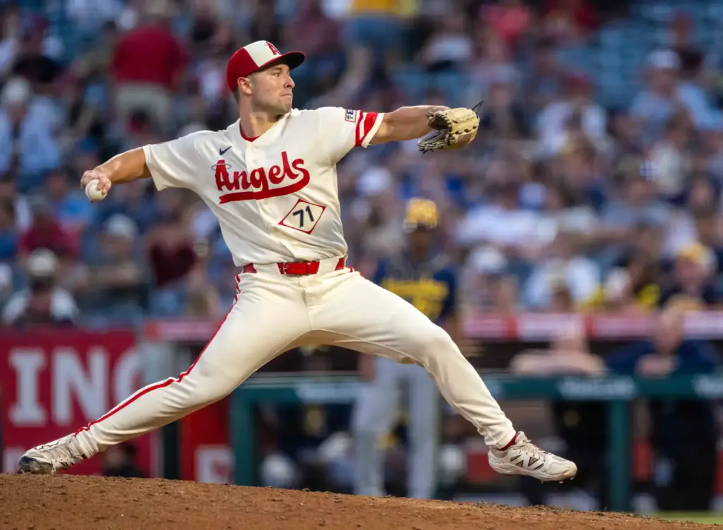 Angels pitcher Brett Kerry (71) throws to home plate in...