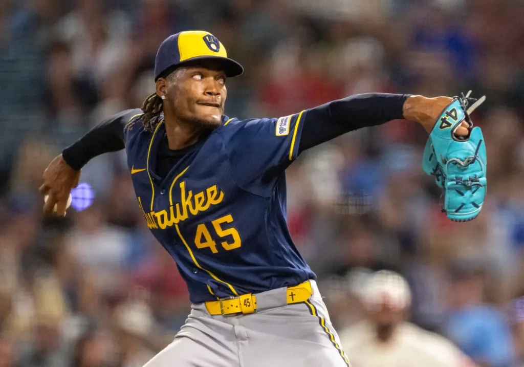 Milwaukee Brewers pitcher Abner Uribe (45) throws to home plate...