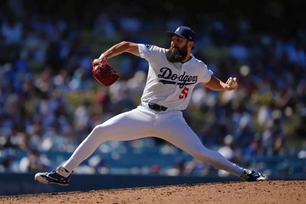 Dodgers pitcher Alex Vesia pitches during the eight inning of...