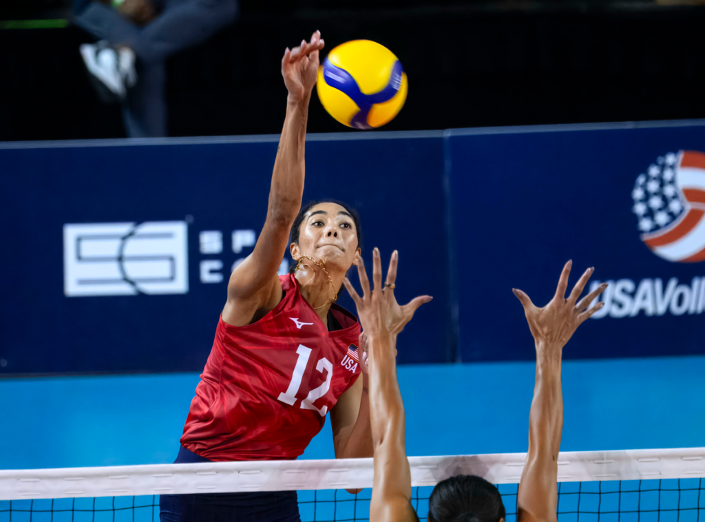 Team USAâs Jordan Thompson looks for the kill during a...