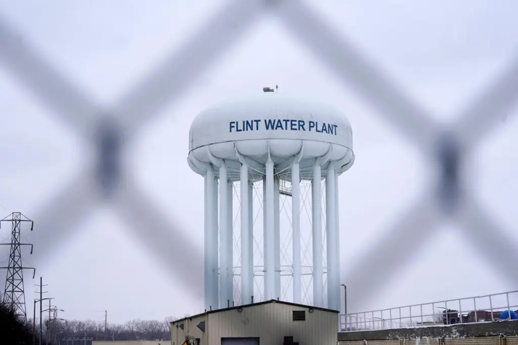 FILE – The Flint water plant tower is seen, Jan....