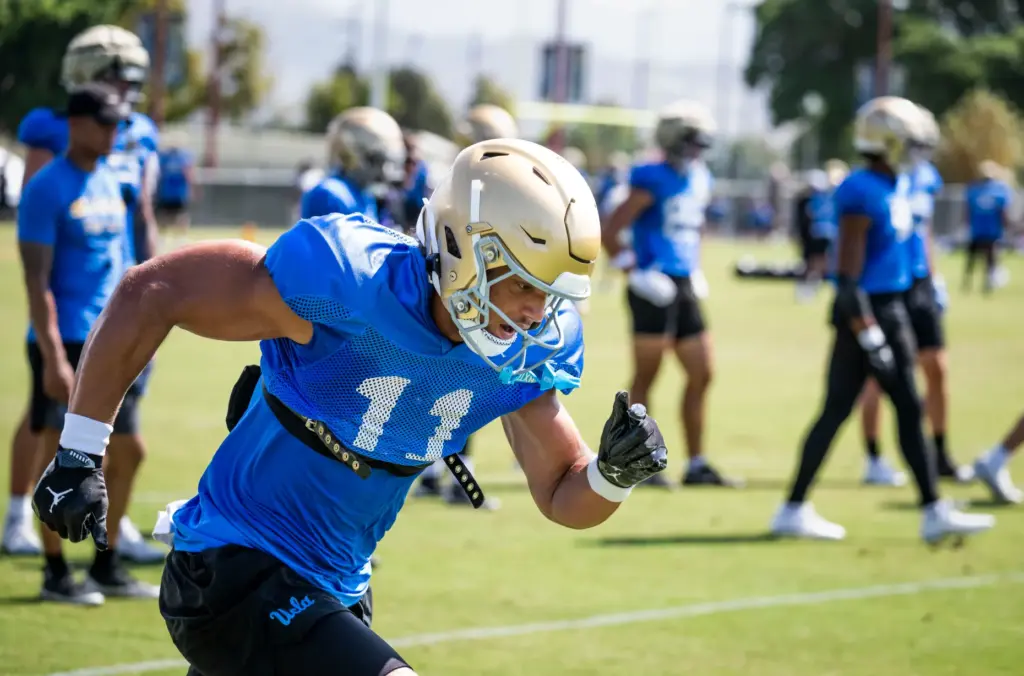 UCLA wide receiver Landon Ellis goes through drills during the...