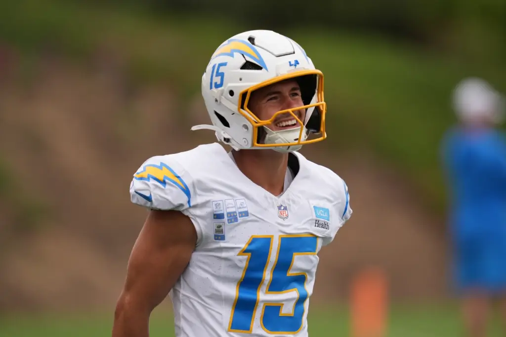Chargers wide receiver Ladd McConkey gestures during an NFL football...