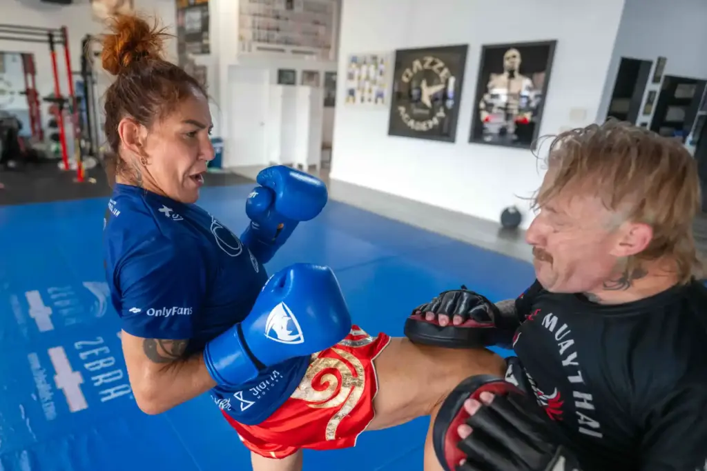 PFL featherweight champion Cris Cyborg works with Thai Boxing coach...