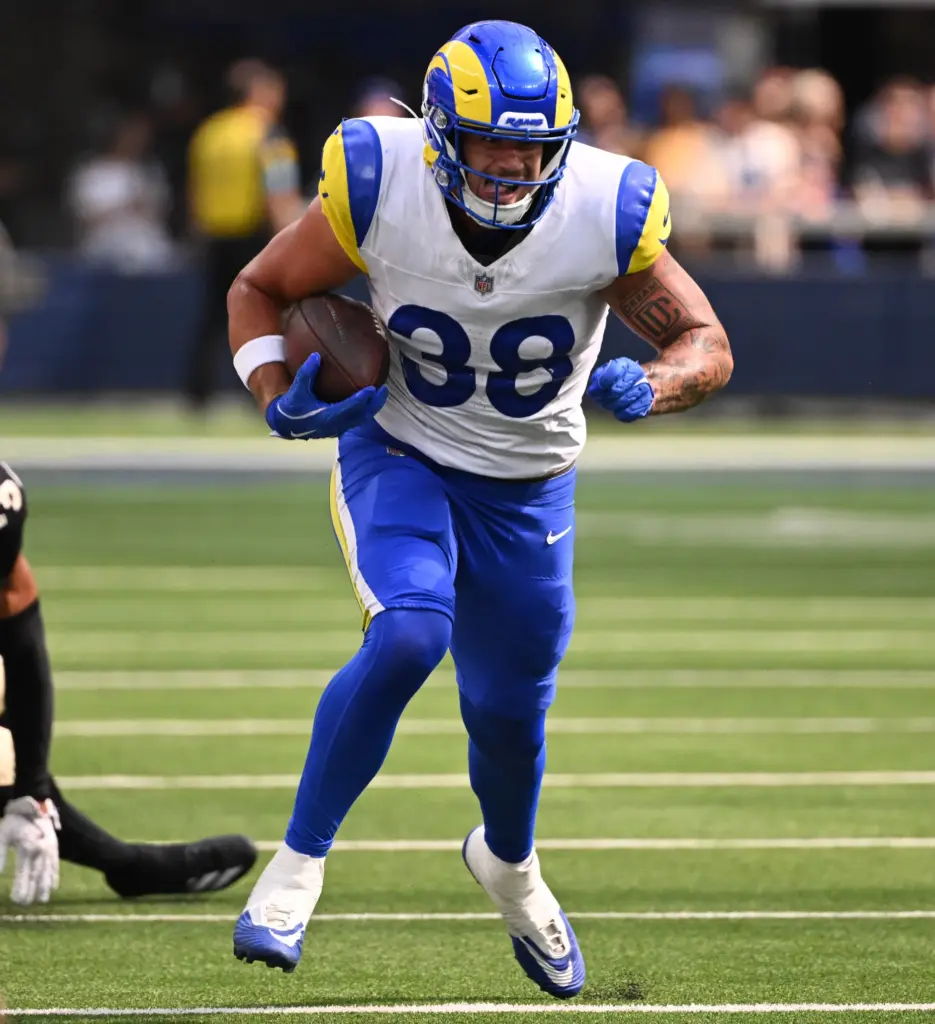Rams tight end Dan Villari (38) catches a pass for...