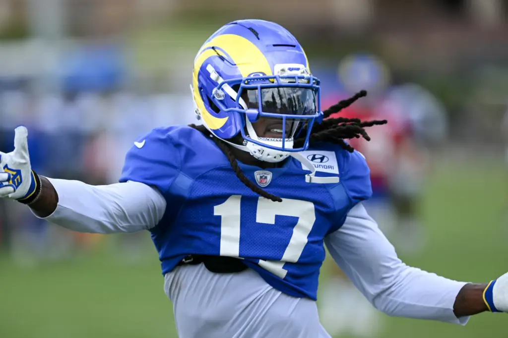Rams wide receiver Davante Adams gestures during the team’s joint...
