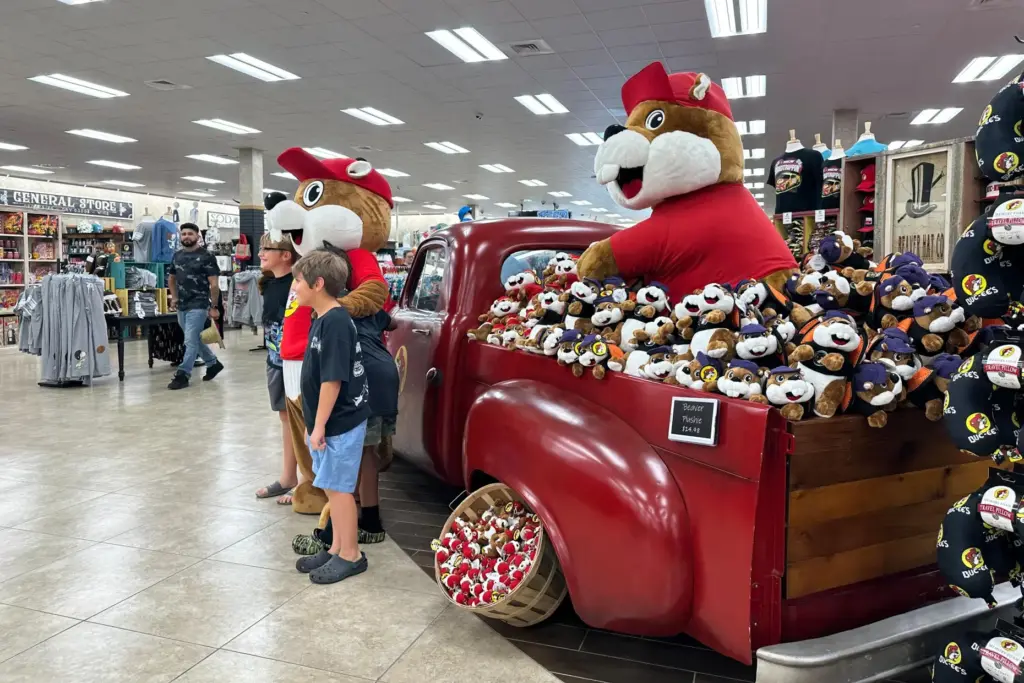 Customers at the Buc-ee's location in Huber Heights, Ohio, pose with the company's mascot.