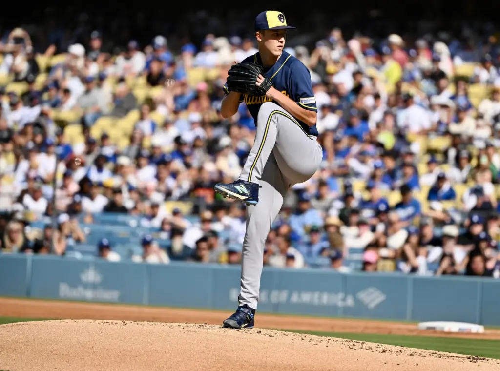 Starting pitcher Jacob Misiorowski of the Milwaukee Brewers throws to...