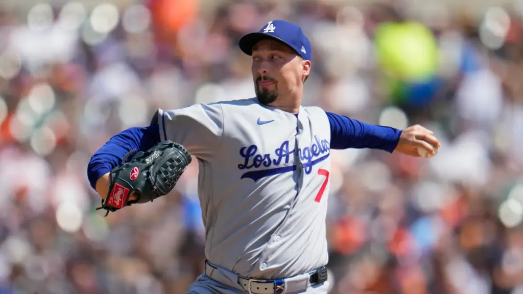 Dodgers pitcher Blake Snell throws against the Detroit Tigers during...