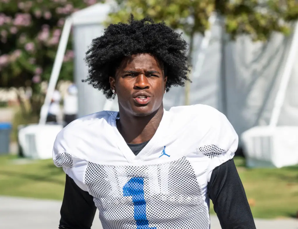 UCLA cornerback Scooter Jackson walks to the field for the...