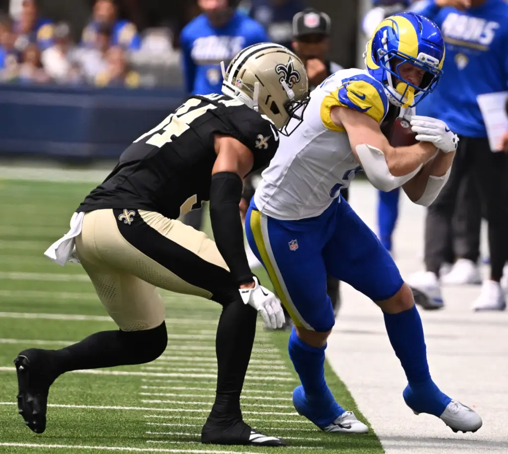 Rams safety Kamren Kinchens (5) intercepts a pass against the...